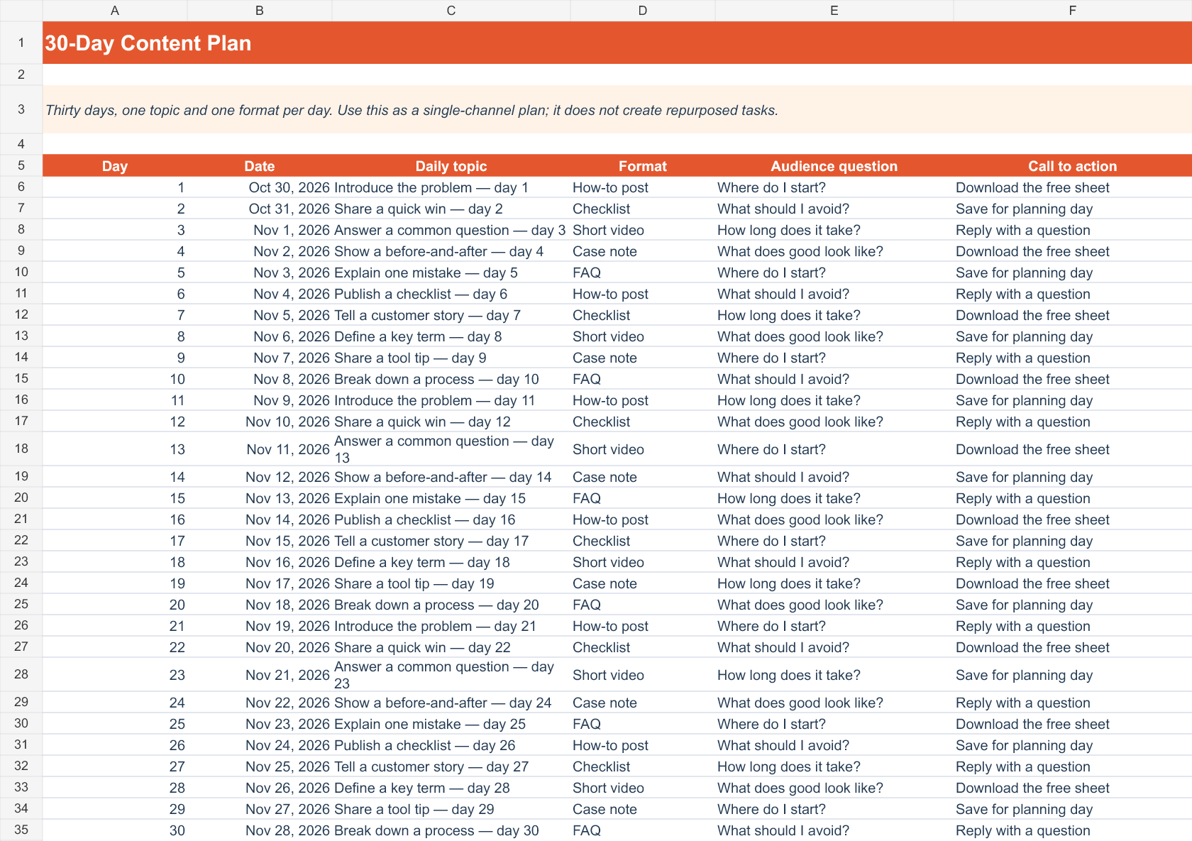Actual rendered 30-Day Content Calendar XLSX