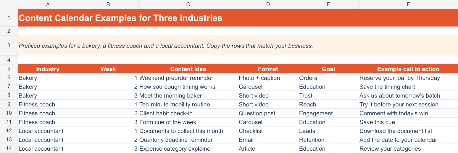 Actual rendered Content Calendar Examples Worksheet XLSX