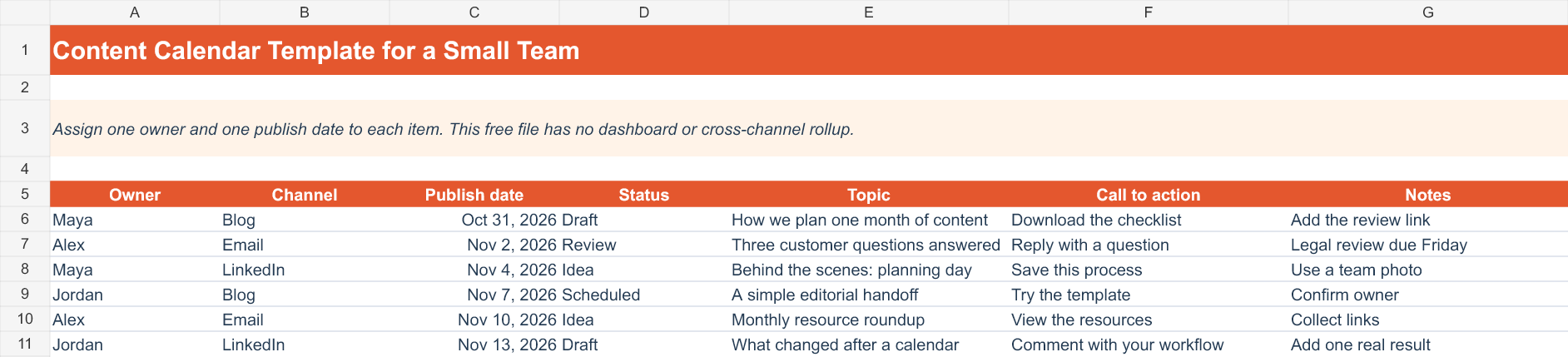 Actual rendered Content Calendar Template for a Small Team XLSX