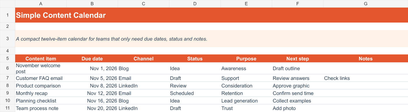 Actual rendered Simple Content Calendar XLSX