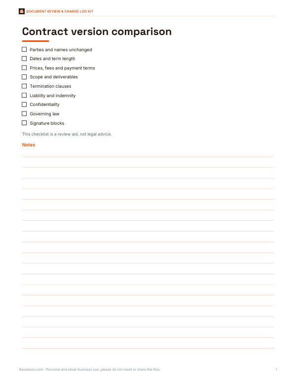 Preview of Printable Contract Comparison Checklist